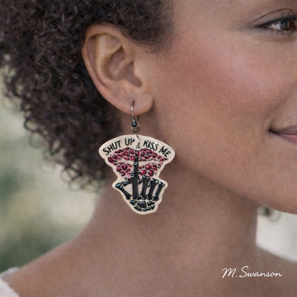 Jewelry - Skeleton Hand Earrings with Pink Leopard Lips NEW